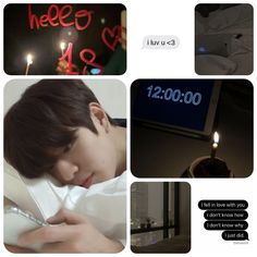 a collage of photos with candles and someone sleeping in the bed next to him