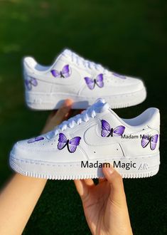 * Hand painted custom Air Force 1 07 Low * Not vinyl, stickers or patches * No returns, refunds or exchanges * Processing time is 2-3 weeks * I cannot expedite orders or make for a specific date * Delivery time depends on country * Cancellations up to 24 hours after purchase * Please try on shoes in a store to make sure you order the correct size * Please order correct size - if you order incorrect size this is your own responsibility * If you order a women's size it is possible you receive the men's option of the same size -the shoes will be the same only the number on the box will differ * Wipe clean only, no washing or picking * Shoes are 100% genuine and can be proven so * Shoes are bought from a genuine retailer, copy of original receipt of purchase can be provided upon request * If y Custom Trainers, Purple Nike Shoes, Cute Running Shoes, Cute Casual Shoes, Custom Nike Air Force 1, Casual Shoes Women Sneakers, Nike Shoes Women Fashion, Custom Nike Air Force, Man Sneakers