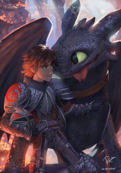 a young boy is hugging a dragon in front of him with his arm around the head