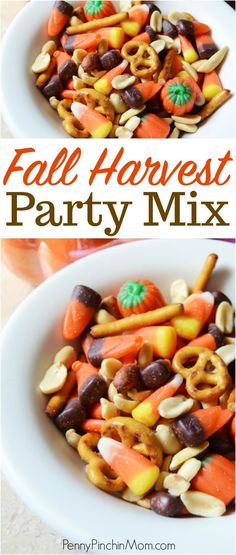 two white plates filled with candy corn and pretzel halloween party mix on top of each other