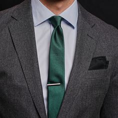 Made from 100% woven silk, our Grosgrain Solid Hunter tie has subtle texture and sheen for a look that's formal as well as professional. | Tie Bar: Grosgrain Solid Tie - Boys, In Green, Silk Gray Suit Green Tie Wedding, Gray Suit Green Tie, Suit Green, Mens Silk Ties, Wedding 2025, Style Steal, Men's Tie, Green Tie, Wedding Ties