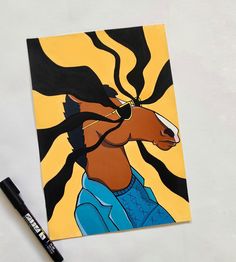 a drawing of a horse with long hair and sunglasses on it's head next to a marker