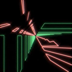 an abstract background with lines and shapes in green, pink and black colors on a dark background