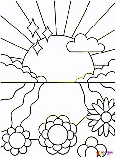 a coloring page with flowers and clouds