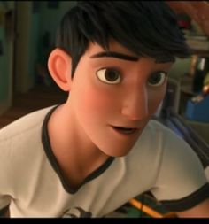 an animated man with black hair wearing a white t - shirt and looking at the camera