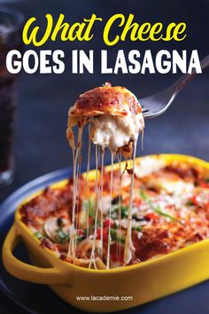 the cover of what cheese goes in lasagna is being lifted from a yellow casserole dish