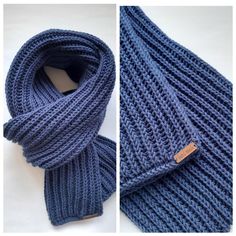 two pictures of a blue scarf with a brown tag on it and another photo of the same item