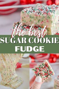 the best sugar cookie fudge recipe with white frosting and sprinkles