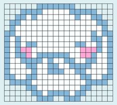 a blue and white cross stitch pattern with pink squares on the bottom, in different colors