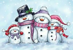 a group of snowmen wearing hats and scarves in the snow with words joyexnail