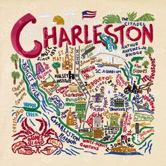 a map with the name charleston written on it in red and green, surrounded by other words