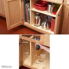 two pictures of the inside of a kitchen cabinet with various items in it and an open drawer