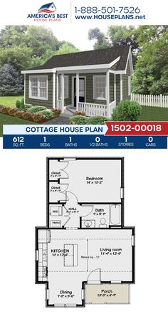 the cottage house plan is shown in blue and white