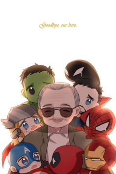 an older man with glasses surrounded by cartoon characters