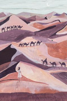 a painting of people and camels in the desert