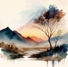 a watercolor painting of trees and mountains with the sun setting in the distance behind them