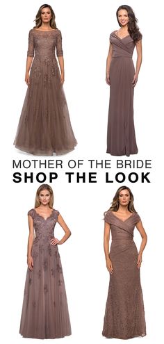 the mother of the bride dress is shown in three different colors and styles, including brown