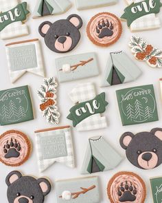 decorated cookies are arranged in the shape of teddy bears and camping signs, including one with a bear's paw