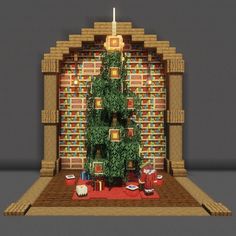 a christmas tree made out of legos in front of a bookshelf with presents on the floor