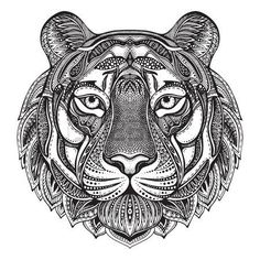 the head of a tiger with an intricate pattern on it's face, hand drawn in