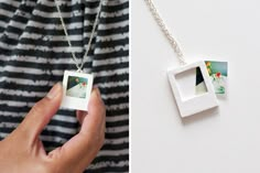 two pictures are being displayed on the left and right side of a woman's necklace