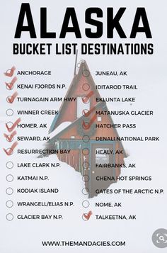 the alaska bucket list is shown in black and white, with red arrows pointing to destinations