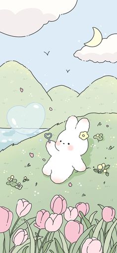 a white teddy bear sitting on top of a lush green field next to pink flowers