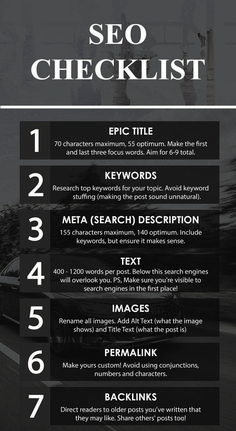 a black and white flyer with the words seo checklist