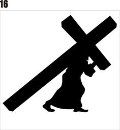 a black and white silhouette of jesus carrying the cross