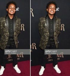 two pictures of a young man in a suit and white shoes at the harry potters premiere