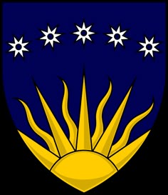 a shield with stars and the sun on it's side, in blue and yellow