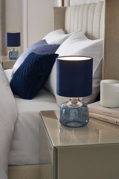 Navy Blue Table Lamp, Blue Aesthetic Bedroom Decor, Blue Bedside Lamps, Cool Bedroom Lights, Navy Blue Apartment Decor, Cream And Navy Bedroom, Blue Bedroom Accents, Navy And Cream Bedroom, Bedroom Inspirations Navy