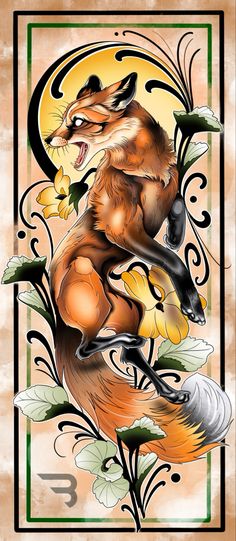 a drawing of a fox with flowers on it's back