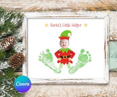 a christmas card with an image of a baby's feet and santas little helper on it