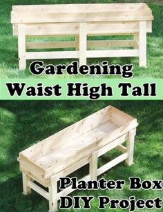 two wooden benches sitting next to each other in the grass with text overlay reading gardening waist high tall planter box diy project