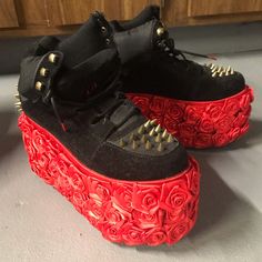 Brand New Never Worn Sneaker Platforms. Spikes In Front And Back. Ties In Front. Vegan Shoes 80s Musicians, Sneaker Platform, Yru Shoes, Cyndi Lauper, Scene Fashion, Boy George, Paramore, Vegan Shoes, Visual Kei