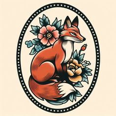 an image of a fox with flowers on it's head sitting in a circle