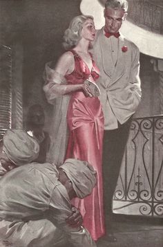 a man in a tuxedo standing next to a woman in a red dress