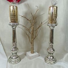 two silver candlesticks with tree branches in them on a white tablecloth background