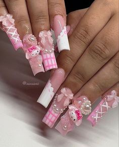 My Melody Nails, 17 Birthday, Junk Nails, Birthday Inspo, Cute Acrylic Nail Designs, Acrylic Nails Coffin Pink