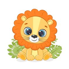 a cartoon lion sitting on the ground with leaves around it's neck and eyes