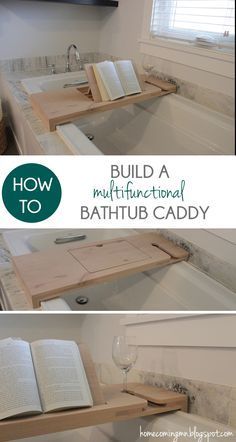 a bathtub caddy with an open book on it and the words how to build a multifunctional bathtub caddy