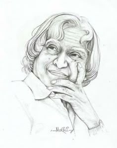 a pencil drawing of an older woman with her hand on her chin and looking at the camera