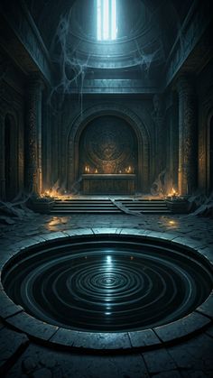 an empty room with a fountain in the middle