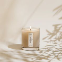 a lit candle sitting on top of a table next to a shadow cast by a plant