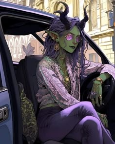 a woman sitting in the passenger seat of a car with horns on her head and purple hair