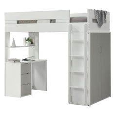 a white loft bed with desk underneath it