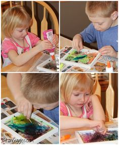 four pictures of children making art projects at a table with watercolors and crayons