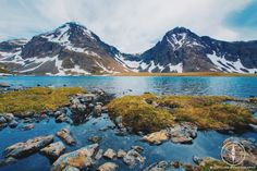 the mountains are covered in snow and green mossy grass, with water running between them