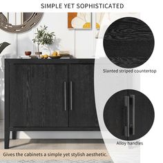 the sideboard has two doors and is black with woodgrain on it, along with